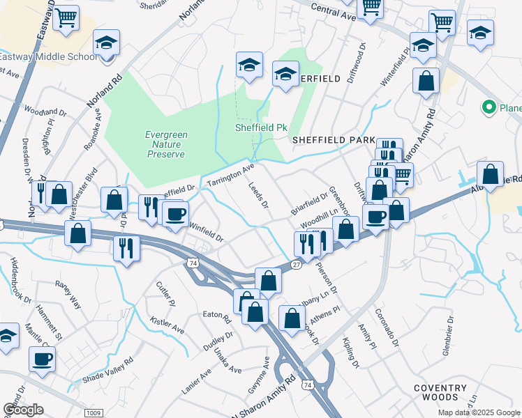 map of restaurants, bars, coffee shops, grocery stores, and more near 4069 Southgate Drive in Charlotte