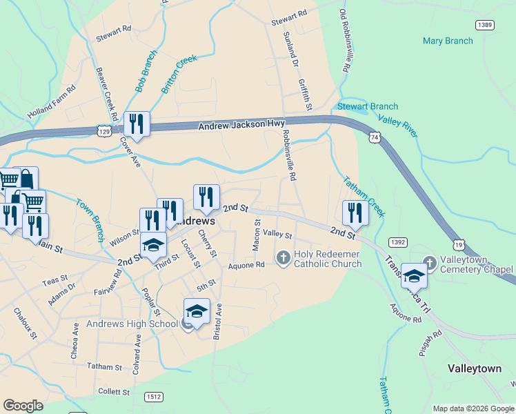 map of restaurants, bars, coffee shops, grocery stores, and more near 45-47 Macon Street in Andrews