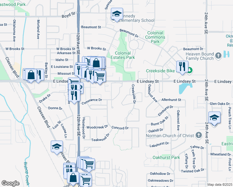 map of restaurants, bars, coffee shops, grocery stores, and more near 1508 East Lindsey Street in Norman