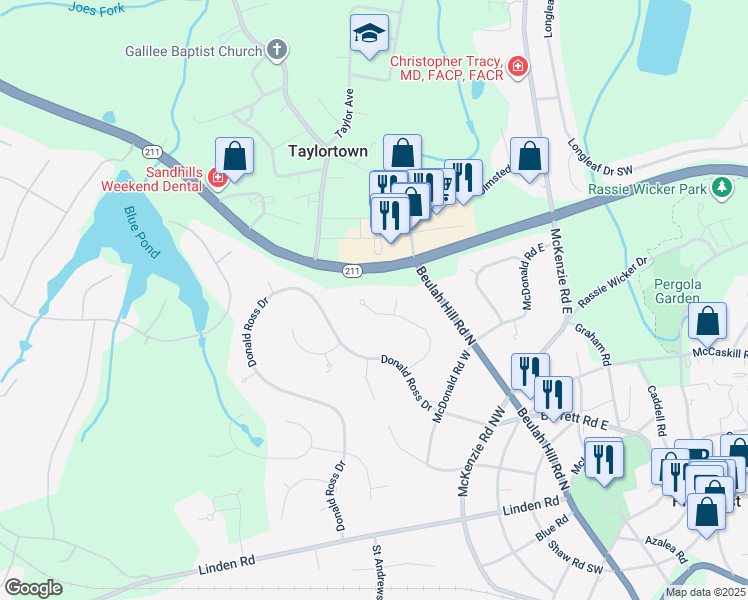 map of restaurants, bars, coffee shops, grocery stores, and more near 108 Harlow Road in Pinehurst