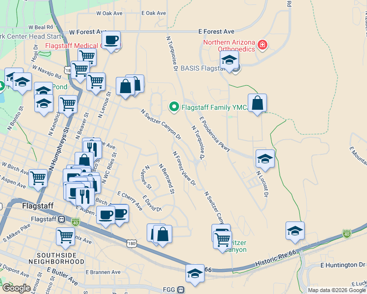 map of restaurants, bars, coffee shops, grocery stores, and more near 788 North Forest View Drive in Flagstaff