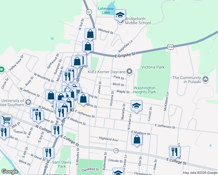 map of restaurants, bars, coffee shops, grocery stores, and more near 442 High Street in Pulaski