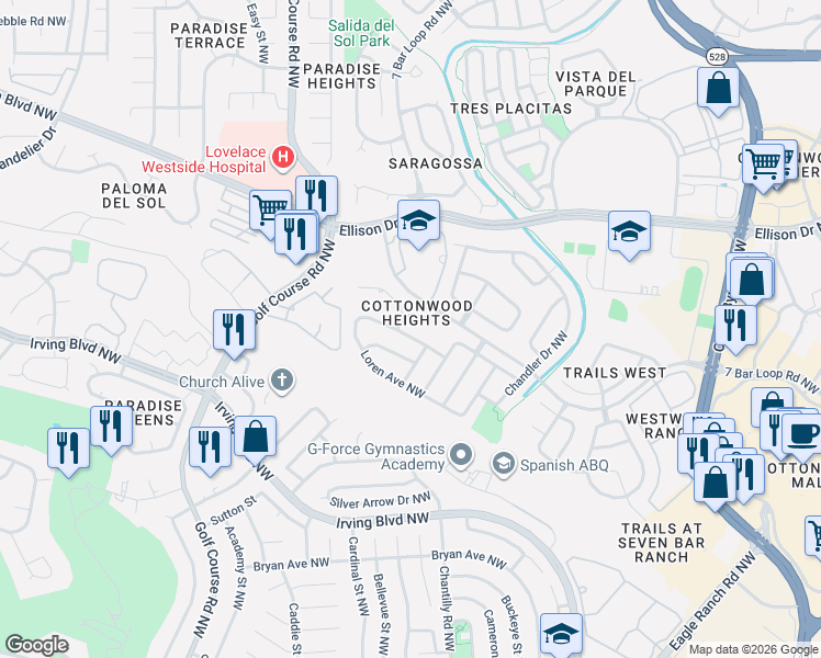 map of restaurants, bars, coffee shops, grocery stores, and more near 4424 Barrett Avenue Northwest in Albuquerque