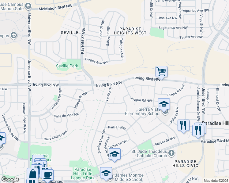 map of restaurants, bars, coffee shops, grocery stores, and more near 10413 Palo Verde Place Northwest in Albuquerque