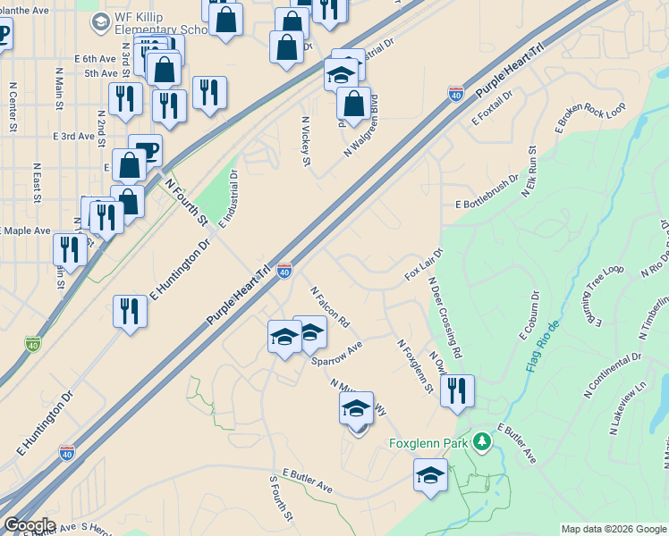 map of restaurants, bars, coffee shops, grocery stores, and more near 1809 Buckskin Way in Flagstaff