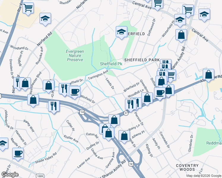 map of restaurants, bars, coffee shops, grocery stores, and more near 4069 Southgate Drive in Charlotte