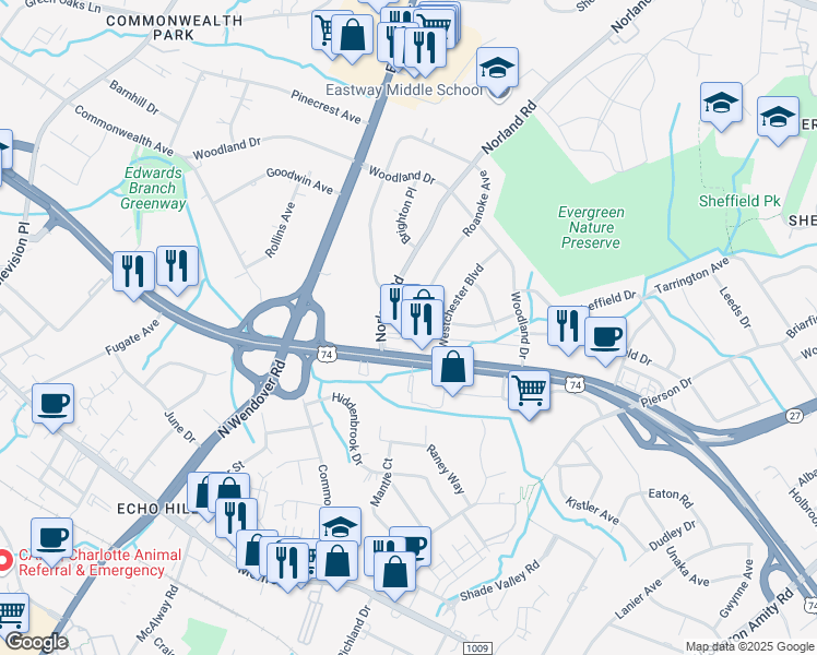 map of restaurants, bars, coffee shops, grocery stores, and more near 3635 U.S. 74 in Charlotte