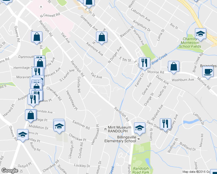 map of restaurants, bars, coffee shops, grocery stores, and more near 221 Crownsgate Court in Charlotte