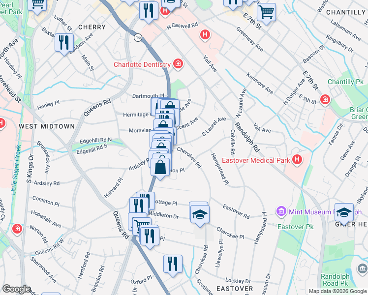 map of restaurants, bars, coffee shops, grocery stores, and more near in Charlotte
