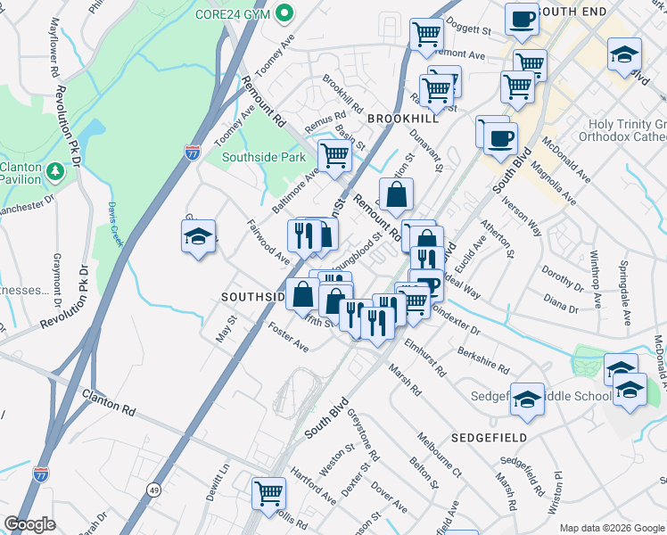 map of restaurants, bars, coffee shops, grocery stores, and more near 124 Fairwood Avenue in Charlotte