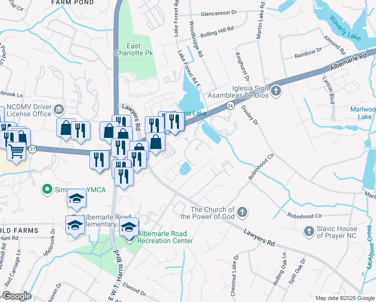 map of restaurants, bars, coffee shops, grocery stores, and more near 7148 Winery Lane in Charlotte