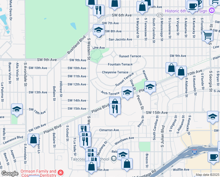 map of restaurants, bars, coffee shops, grocery stores, and more near 207 Arch Terrace in Amarillo