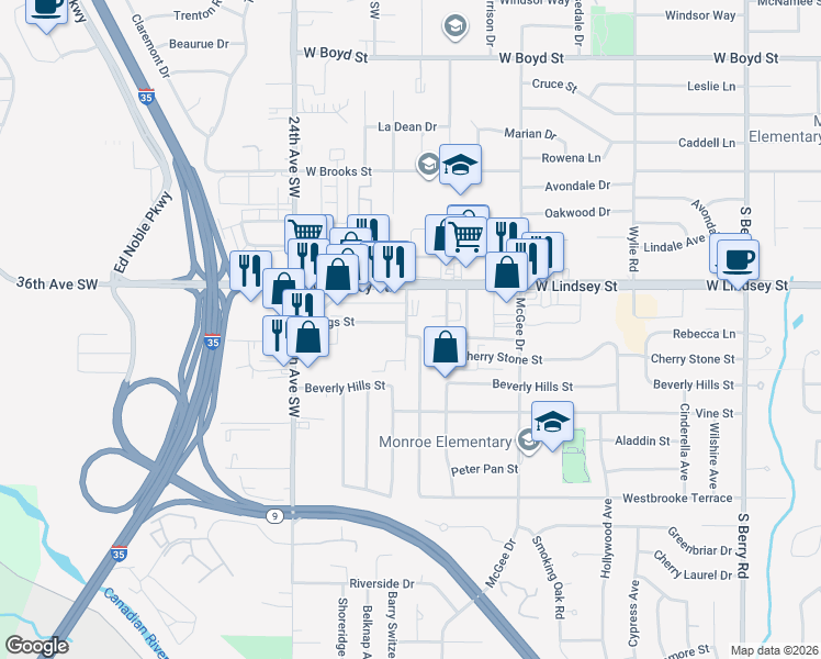map of restaurants, bars, coffee shops, grocery stores, and more near 1333 Homeland Avenue in Norman