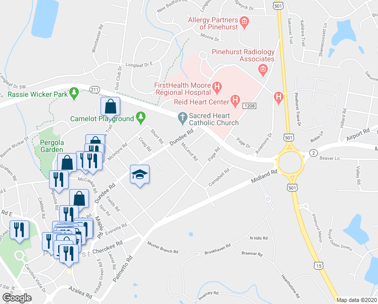 map of restaurants, bars, coffee shops, grocery stores, and more near 45 McLeod Road in Pinehurst