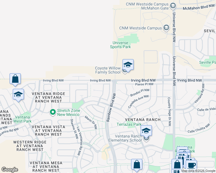 map of restaurants, bars, coffee shops, grocery stores, and more near 10504 Rosefinch Drive Northwest in Albuquerque