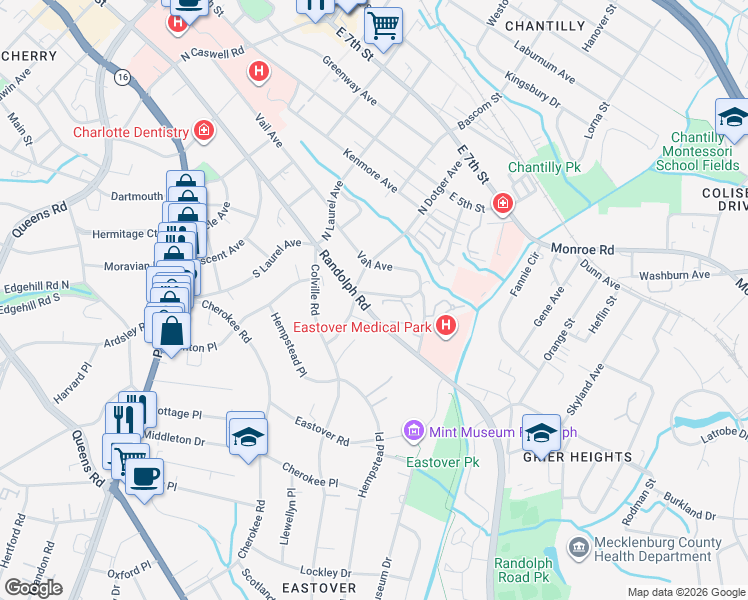 map of restaurants, bars, coffee shops, grocery stores, and more near 2500 Cranbrook Lane in Charlotte