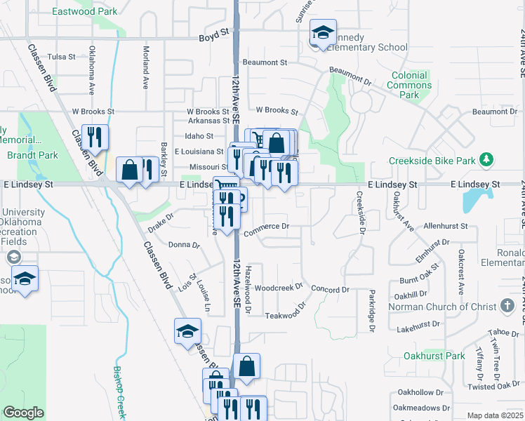 map of restaurants, bars, coffee shops, grocery stores, and more near 1307 Commerce Drive in Norman