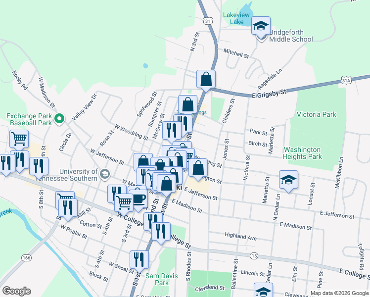 map of restaurants, bars, coffee shops, grocery stores, and more near 315 North 2nd Street in Pulaski