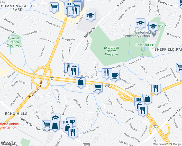 map of restaurants, bars, coffee shops, grocery stores, and more near 3756 Dresden Drive East in Charlotte