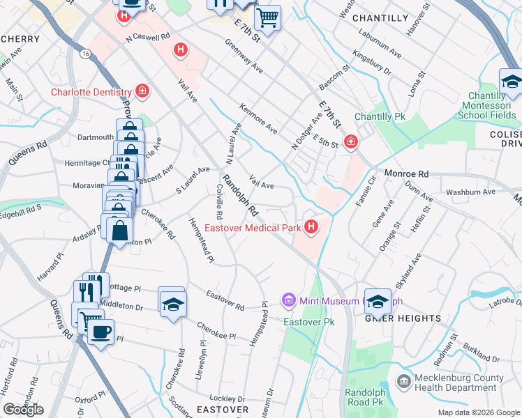 map of restaurants, bars, coffee shops, grocery stores, and more near 2516 Cranbrook Lane in Charlotte