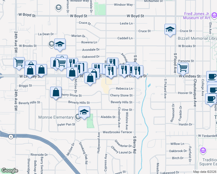 map of restaurants, bars, coffee shops, grocery stores, and more near 1304 Wylie Road in Norman