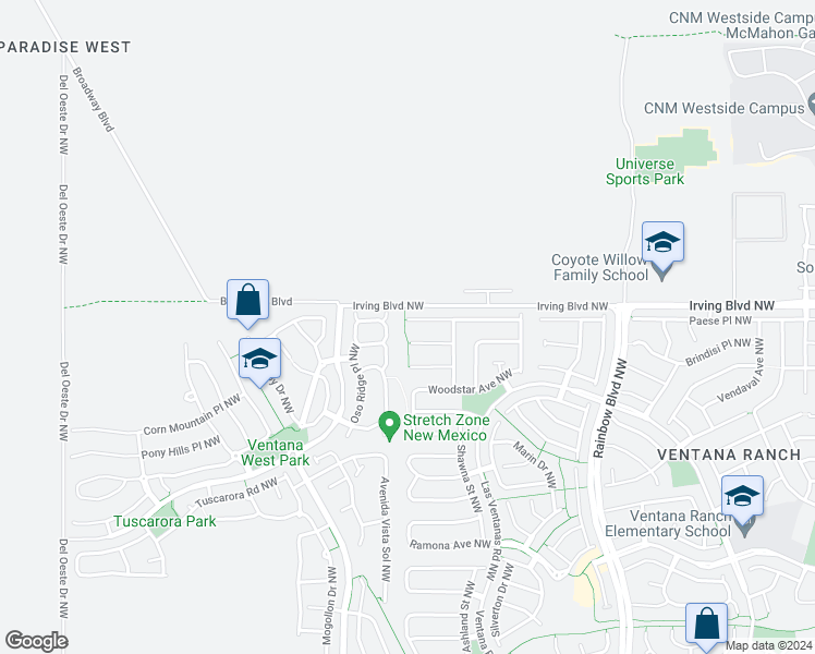 map of restaurants, bars, coffee shops, grocery stores, and more near 7732 Snowy Egret Court Northwest in Albuquerque