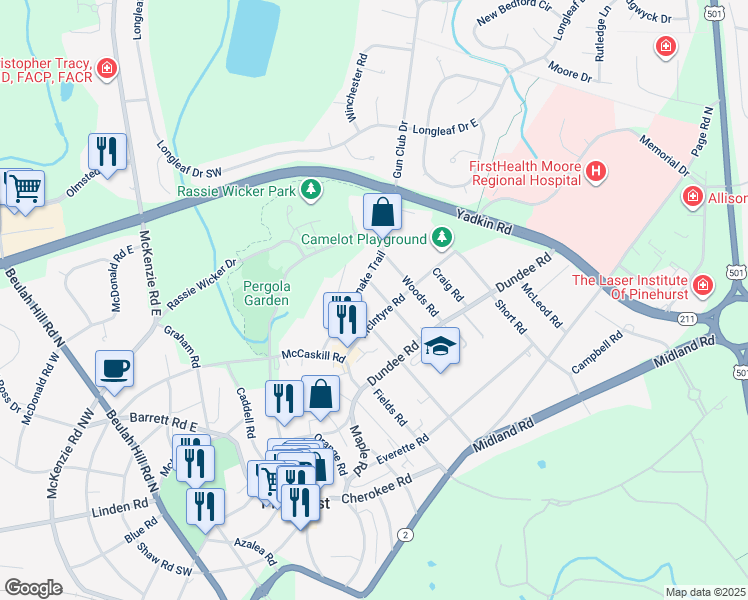 map of restaurants, bars, coffee shops, grocery stores, and more near 115 Medlin Road in Pinehurst