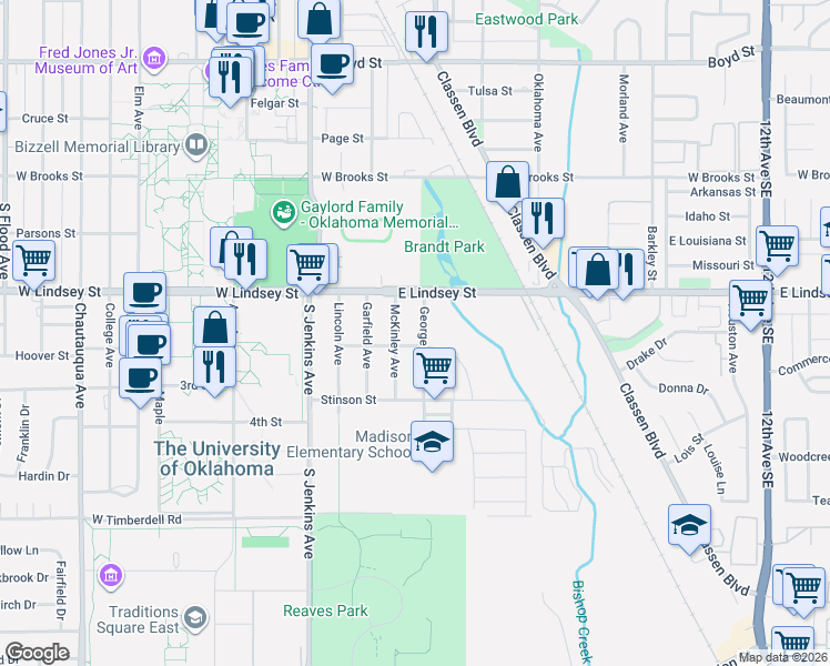 map of restaurants, bars, coffee shops, grocery stores, and more near 1400 George Avenue in Norman
