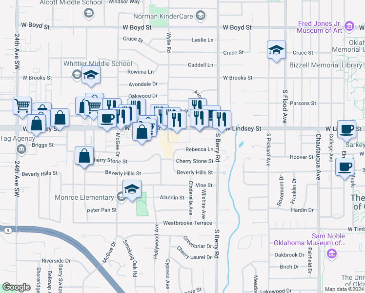 map of restaurants, bars, coffee shops, grocery stores, and more near 1411 Rebecca Lane in Norman