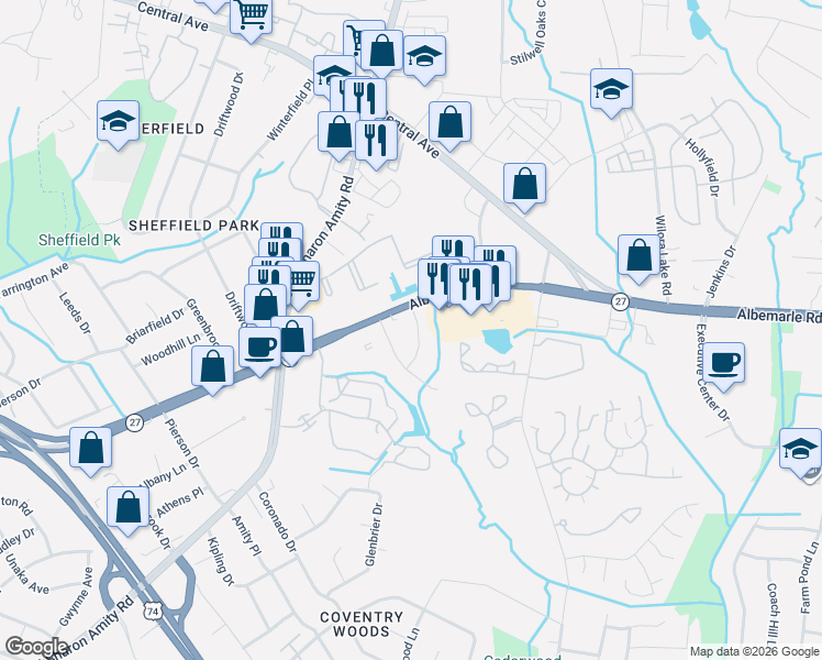 map of restaurants, bars, coffee shops, grocery stores, and more near 5514 Grafton Place in Charlotte
