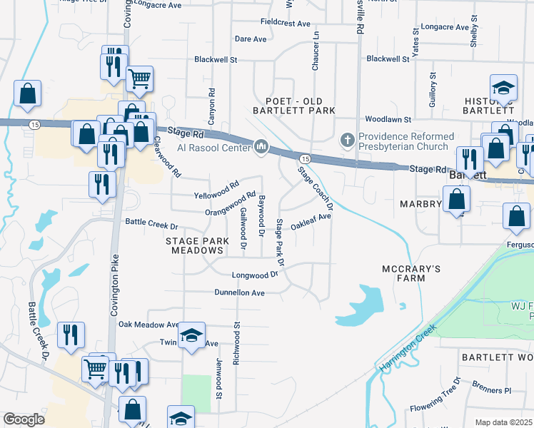 map of restaurants, bars, coffee shops, grocery stores, and more near 2822 Baywood Drive in Memphis