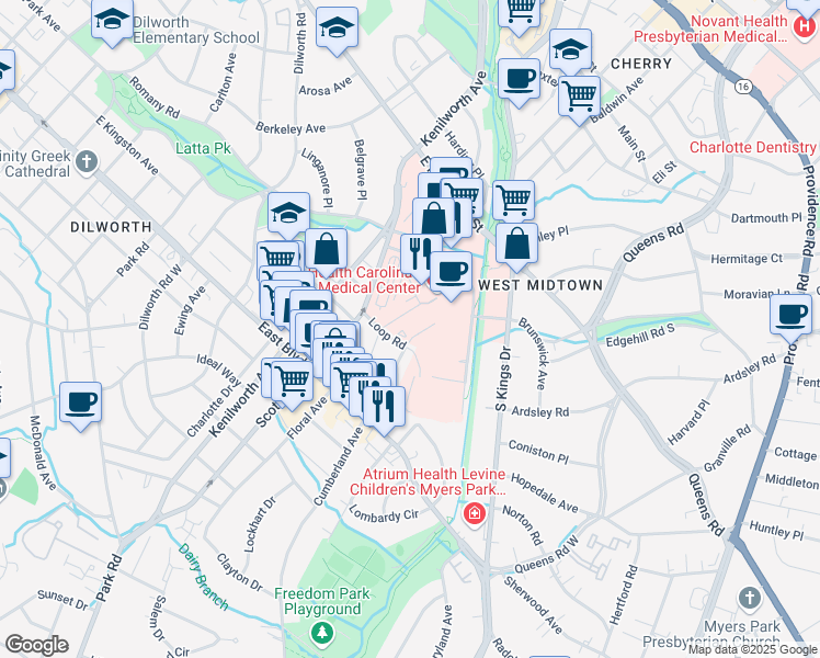 map of restaurants, bars, coffee shops, grocery stores, and more near 1540 Garden Terrace in Charlotte