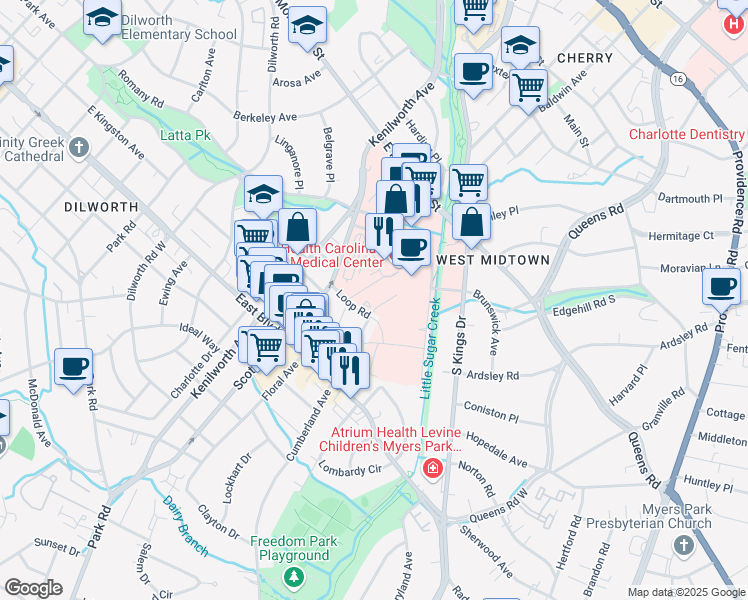 map of restaurants, bars, coffee shops, grocery stores, and more near 1540 Garden Terrace in Charlotte