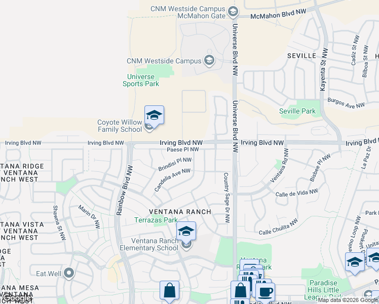map of restaurants, bars, coffee shops, grocery stores, and more near 10420 Vendaval Avenue Northwest in Albuquerque