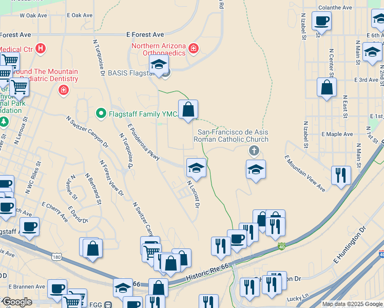 map of restaurants, bars, coffee shops, grocery stores, and more near 1201 East Ponderosa Parkway in Flagstaff