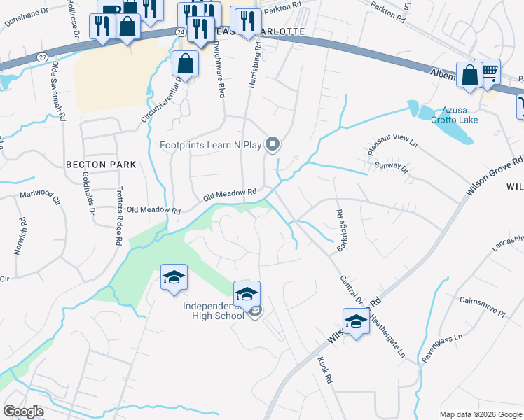 map of restaurants, bars, coffee shops, grocery stores, and more near 6140 Loch Arbor Lane in Mint Hill