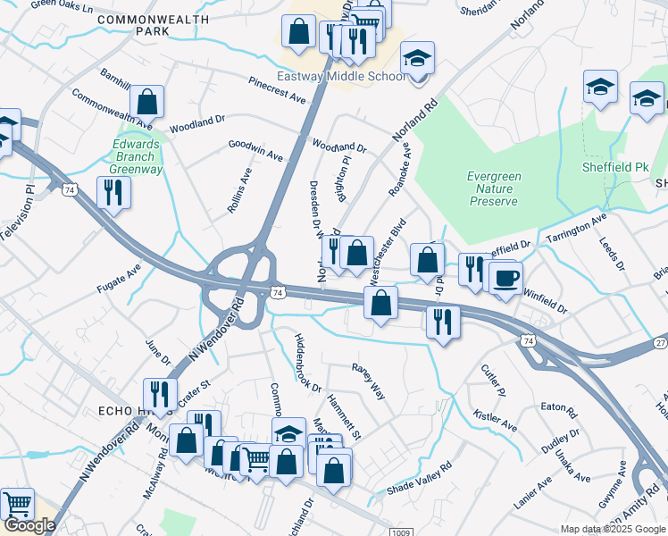 map of restaurants, bars, coffee shops, grocery stores, and more near 3529 U.S. 74 in Charlotte