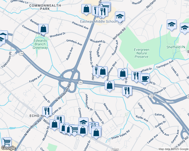 map of restaurants, bars, coffee shops, grocery stores, and more near 3529 U.S. 74 in Charlotte