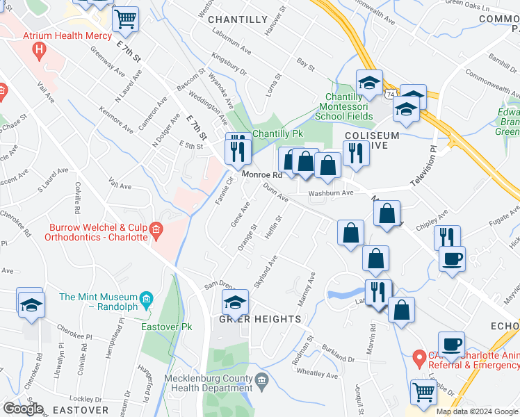 map of restaurants, bars, coffee shops, grocery stores, and more near 317 Orange Street in Charlotte