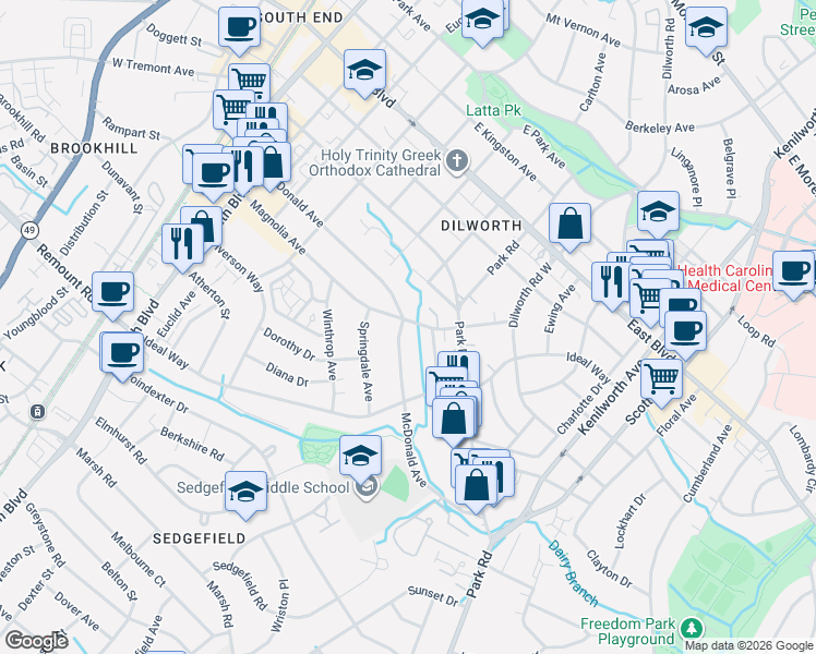 map of restaurants, bars, coffee shops, grocery stores, and more near 717 McDonald Avenue in Charlotte
