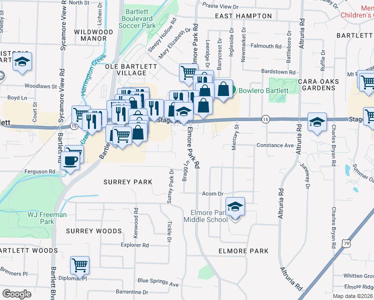 map of restaurants, bars, coffee shops, grocery stores, and more near 2799 Bragg Lane in Bartlett