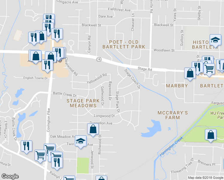map of restaurants, bars, coffee shops, grocery stores, and more near 2806 Baywood Drive in Memphis