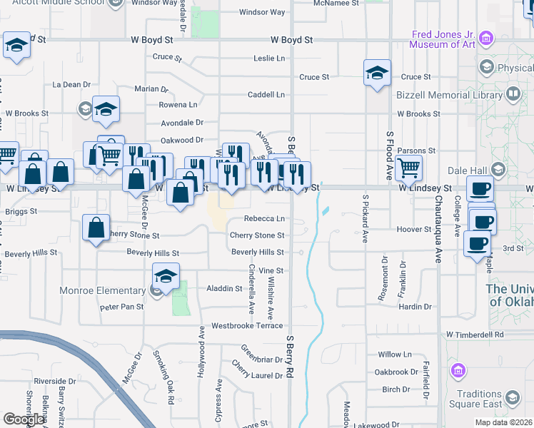 map of restaurants, bars, coffee shops, grocery stores, and more near 1314 Rebecca Lane in Norman