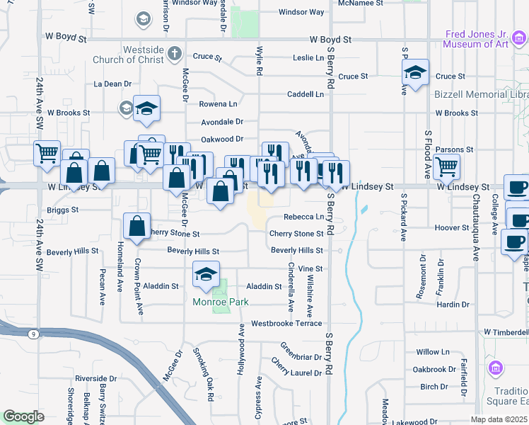 map of restaurants, bars, coffee shops, grocery stores, and more near 1420 Rebecca Lane in Norman