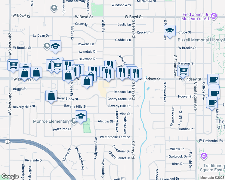 map of restaurants, bars, coffee shops, grocery stores, and more near 1420 Rebecca Lane in Norman