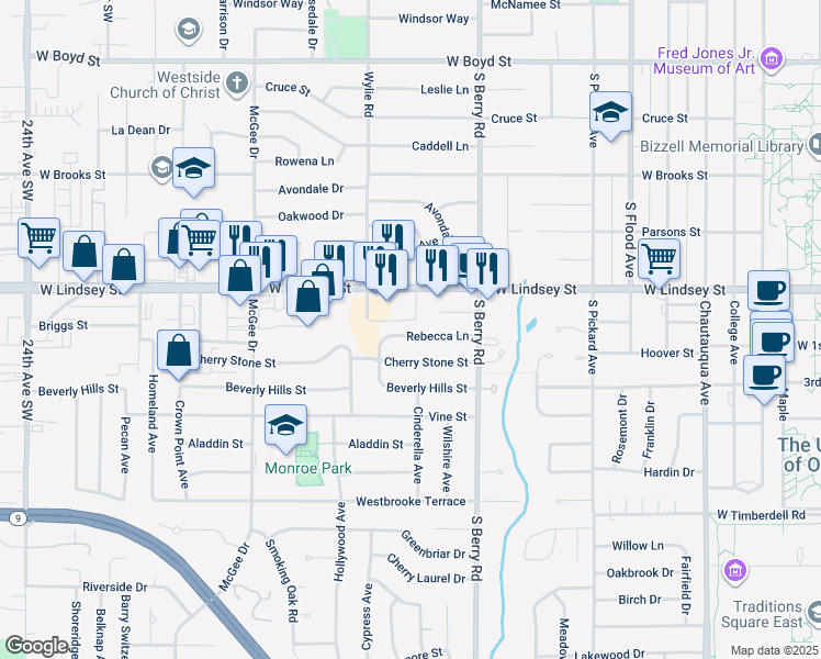 map of restaurants, bars, coffee shops, grocery stores, and more near 1411 Rebecca Lane in Norman