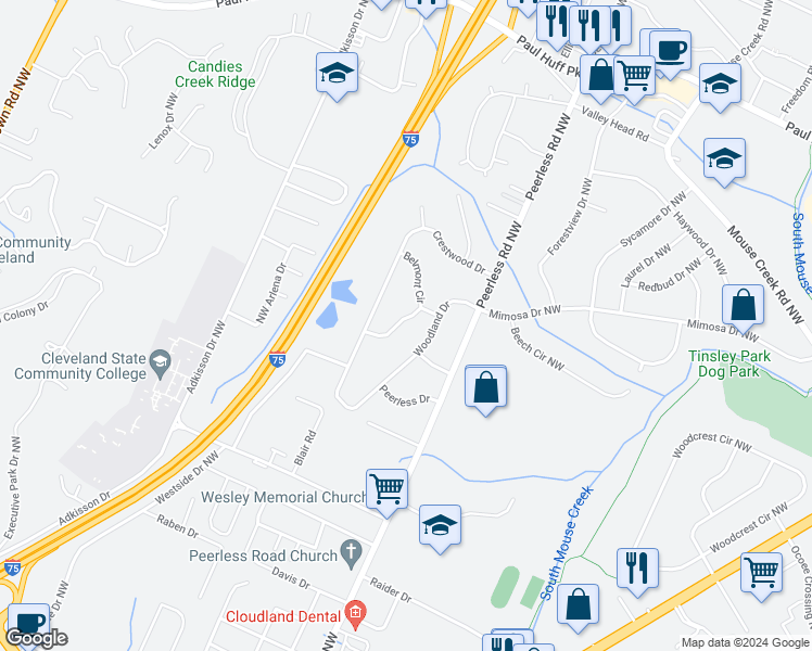 map of restaurants, bars, coffee shops, grocery stores, and more near 3608 Belmont Circle in Cleveland