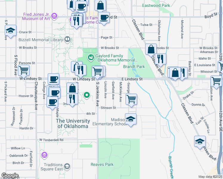 map of restaurants, bars, coffee shops, grocery stores, and more near 1322 Garfield Avenue in Norman