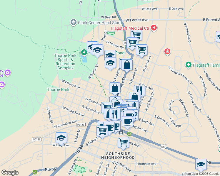 map of restaurants, bars, coffee shops, grocery stores, and more near 323 North Kendrick Street in Flagstaff