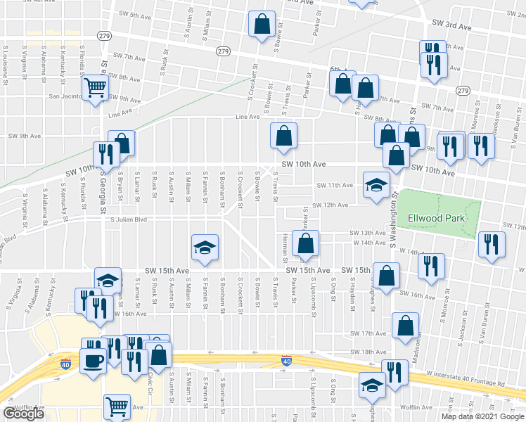 map of restaurants, bars, coffee shops, grocery stores, and more near 1031 South Bowie Street in Amarillo